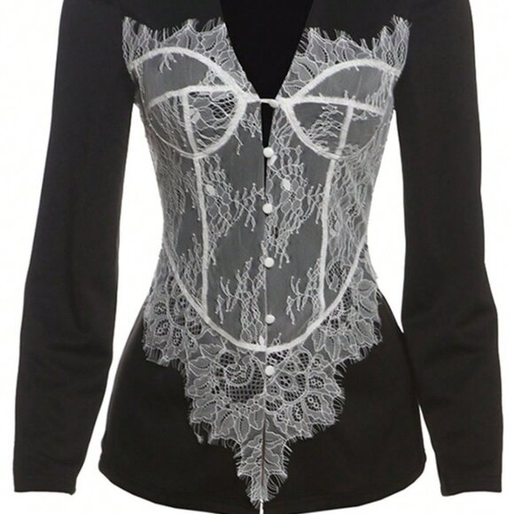 Black Elegant Women's Figure-Hugging Lace Button V-Neck Suit top - Picture 6 of 6